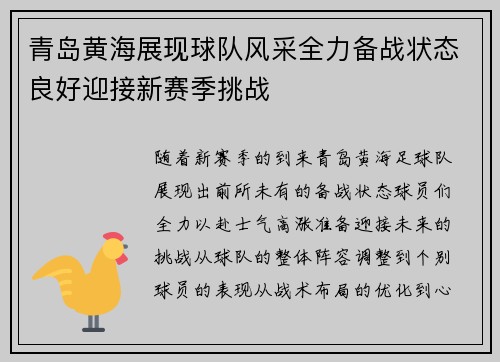 青岛黄海展现球队风采全力备战状态良好迎接新赛季挑战 青岛黄海展现球队风采全力备战状态良好迎接新赛季挑战
