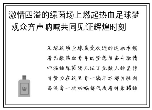 激情四溢的绿茵场上燃起热血足球梦 观众齐声呐喊共同见证辉煌时刻 激情四溢的绿茵场上燃起热血足球梦 观众齐声呐喊共同见证辉煌时刻