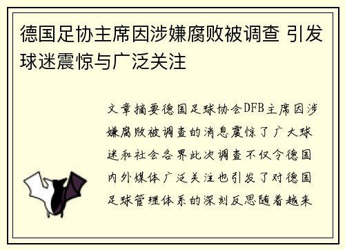 德国足协主席因涉嫌腐败被调查 引发球迷震惊与广泛关注