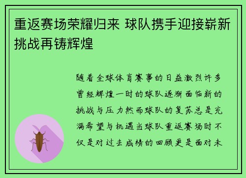 重返赛场荣耀归来 球队携手迎接崭新挑战再铸辉煌 重返赛场荣耀归来 球队携手迎接崭新挑战再铸辉煌